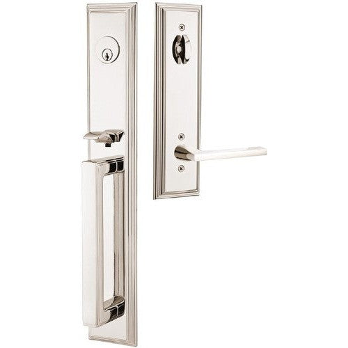 Emtek Melrose Tubular Entrance Handleset With Helios Lever in Lifetime Polished Nickel finish