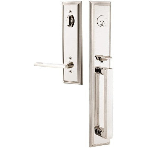 Emtek Melrose Tubular Entrance Handleset With Helios Lever in Lifetime Polished Nickel finish