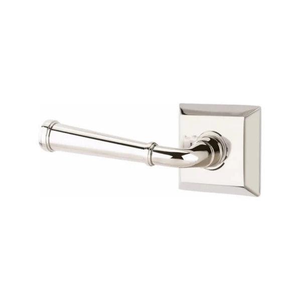 The Emtek Merrimack Lever with Quincy Rosette in Lifetime Polished Nickel finish.