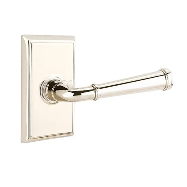 The Emtek Merrimack Lever With Rectangular Rosette in Lifetime Polished Nickel finish