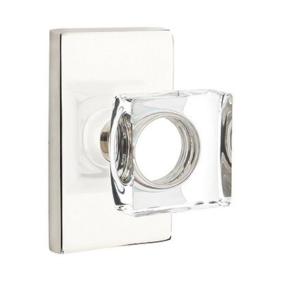 Emtek Modern Square Crystal Knob with Modern Rectangular Rosette in Lifetime Polished Nickel finish