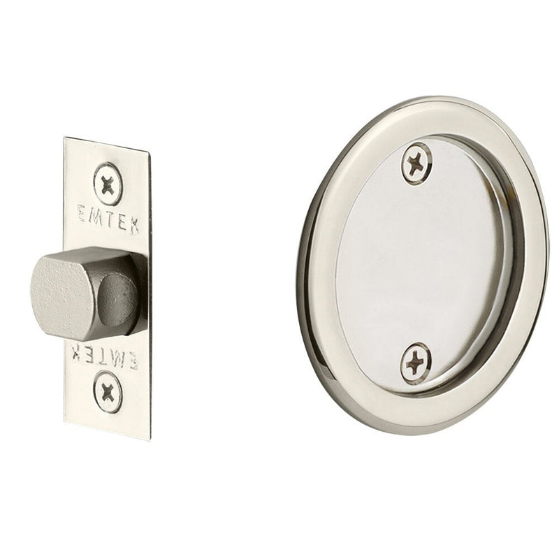 Emtek Passage Round Pocket Door Tubular Lock in Lifetime Polished Nickel finish