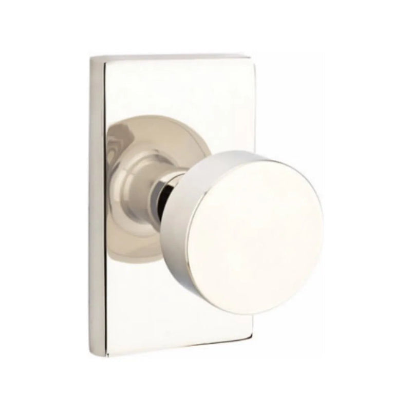 Emtek Round Knob With Modern Rectangular Rosette in Lifetime Polished Nickel finish