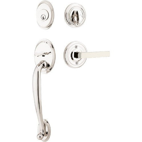 Emtek Saratoga Tubular Entrance Handleset With Dumont Lever in Lifetime Polished Nickel finish