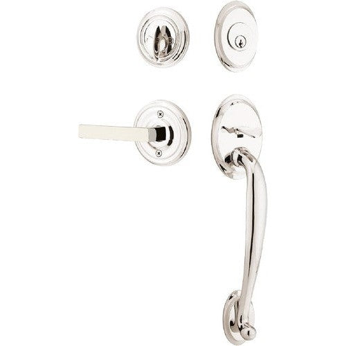 Emtek Saratoga Tubular Entrance Handleset With Dumont Lever in Lifetime Polished Nickel finish