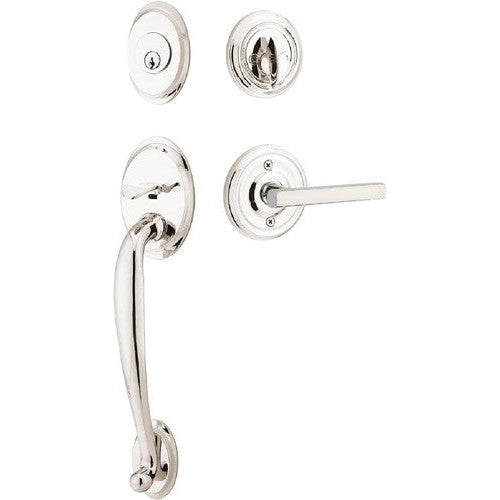 Emtek Saratoga Tubular Entrance Handleset With Freestone Lever in Lifetime Polished Nickel finish