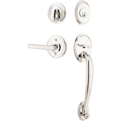 Emtek Saratoga Tubular Entrance Handleset With Freestone Lever in Lifetime Polished Nickel finish