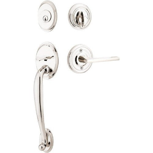 Emtek Saratoga Tubular Entrance Handleset With Helios Lever in Lifetime Polished Nickel finish