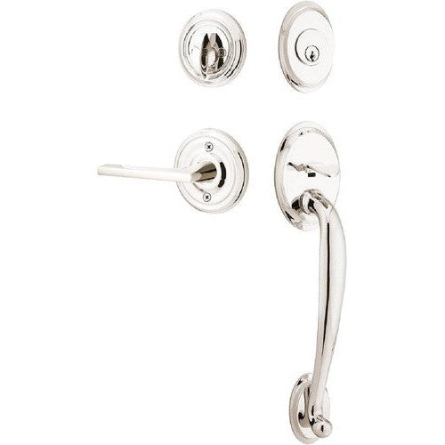 Emtek Saratoga Tubular Entrance Handleset With Helios Lever in Lifetime Polished Nickel finish