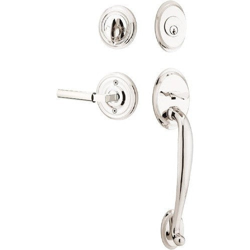 Emtek Saratoga Tubular Entrance Handleset With Hercules Lever in Lifetime Polished Nickel finish