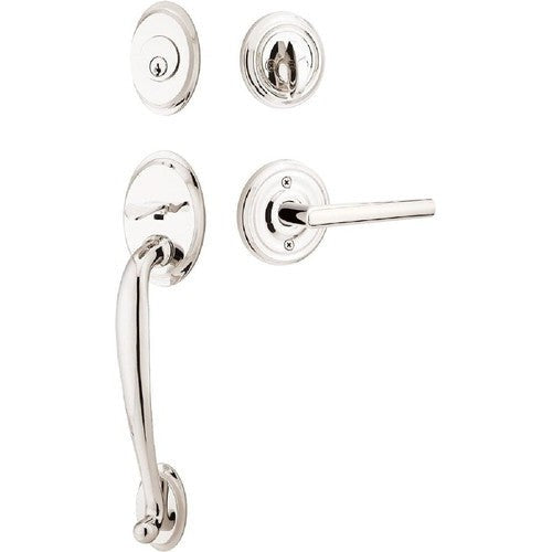 Emtek Saratoga Tubular Entrance Handleset With Stuttgart Lever in Lifetime Polished Nickel finish