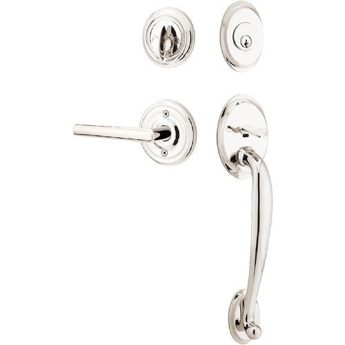 Emtek Saratoga Tubular Entrance Handleset With Stuttgart Lever in Lifetime Polished Nickel finish