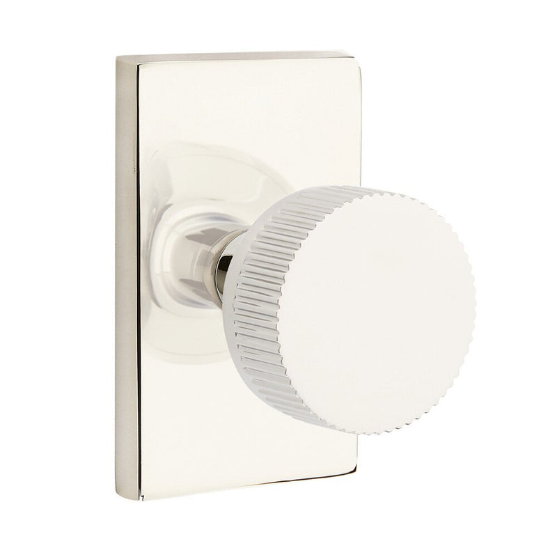 Emtek Select Conical Straight Knurled Knob with Modern Rectangular Rosette in Lifetime Polished Nickel finish