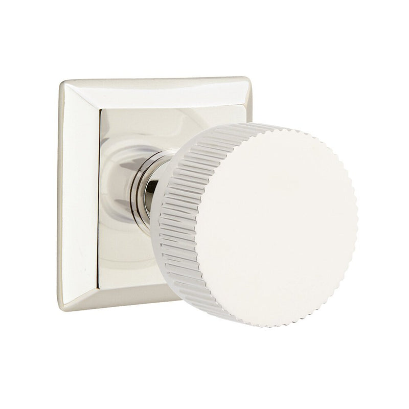 Emtek Select Conical Straight Knurled Knob with Quincy Rosette in Lifetime Polished Nickel finish