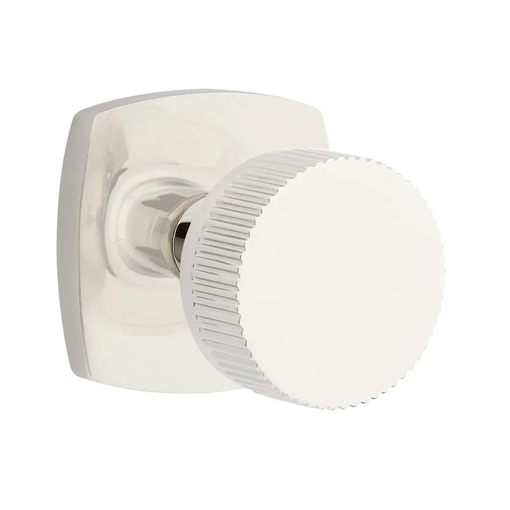 Emtek Select Conical Straight Knurled Knob with Urban Modern Rosette in Lifetime Polished Nickel finish