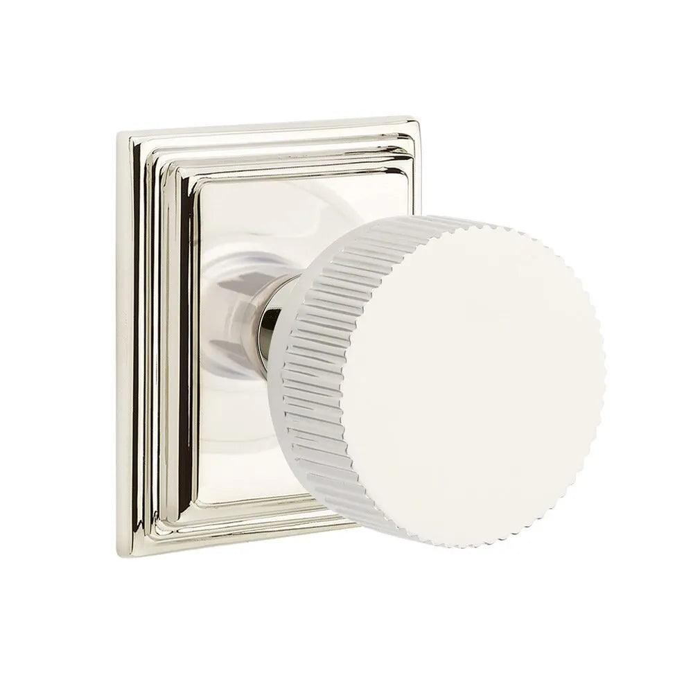 Emtek Select Conical Straight Knurled Knob with Wilshire Rosette in Lifetime Polished Nickel finish