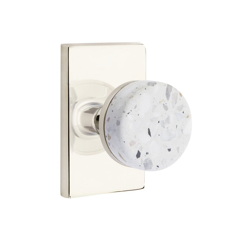 Emtek Select Conical Terrazzo Knob with Modern Rectangular Rosette in Lifetime Polished Nickel finish