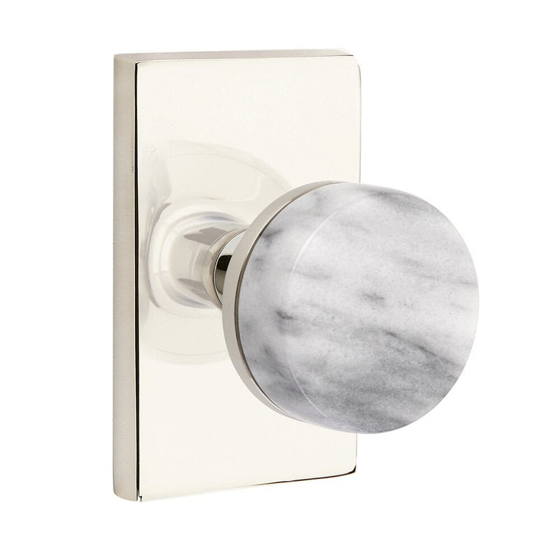 Emtek Select Conical White Marble Knob with Modern Rectangular Rosette in Lifetime Polished Nickel finish