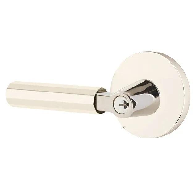 Emtek Select L-Square Faceted Lever with Disk Rosette in Lifetime Polished Nickel finish