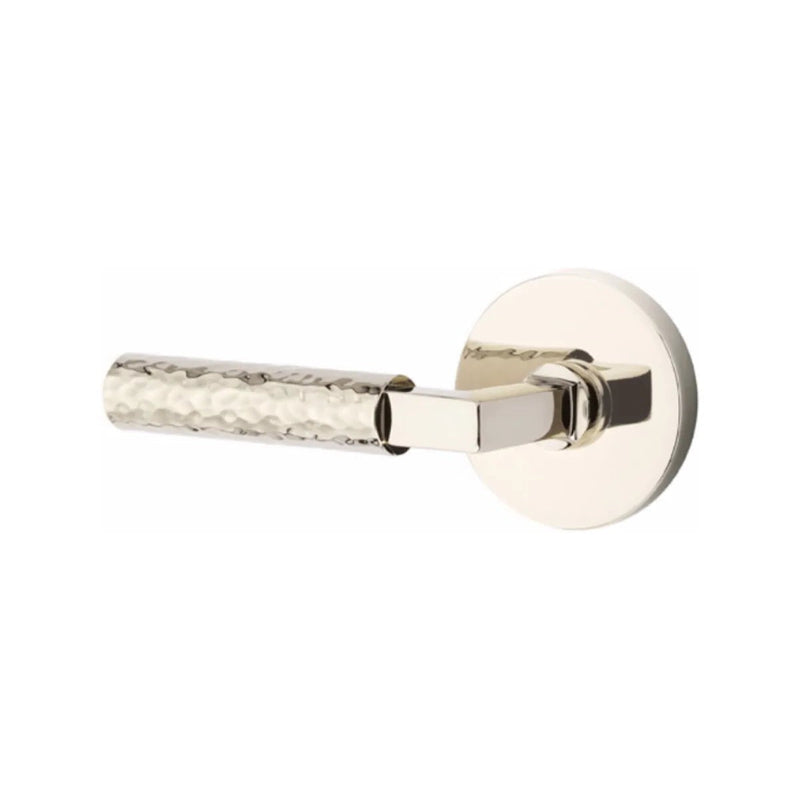 Emtek Select L-Square Hammered Lever with Disk Rosette in Lifetime Polished Nickel finish