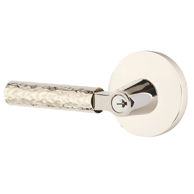 Emtek Select L-Square Hammered Lever with Disk Rosette in Lifetime Polished Nickel finish