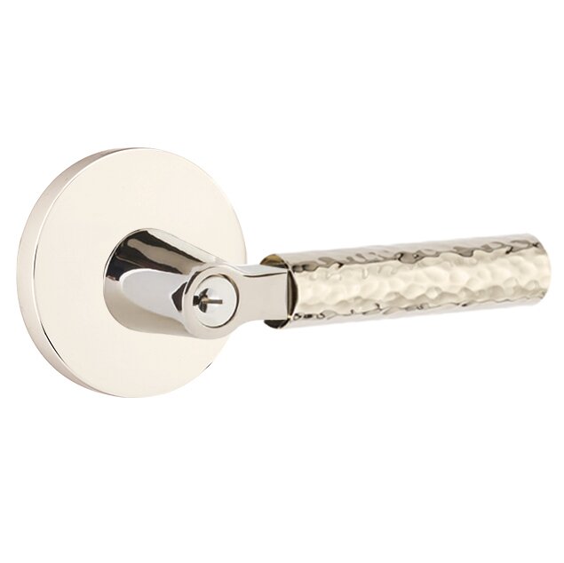 Emtek Select L-Square Hammered Lever with Disk Rosette in Lifetime Polished Nickel finish