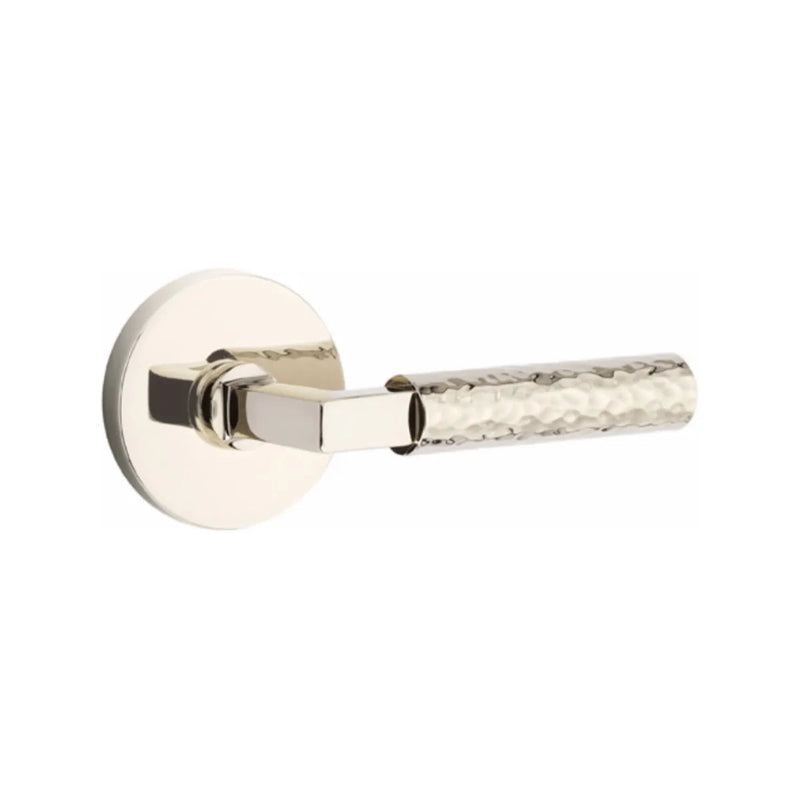 Emtek Select L-Square Hammered Lever with Disk Rosette in Lifetime Polished Nickel finish