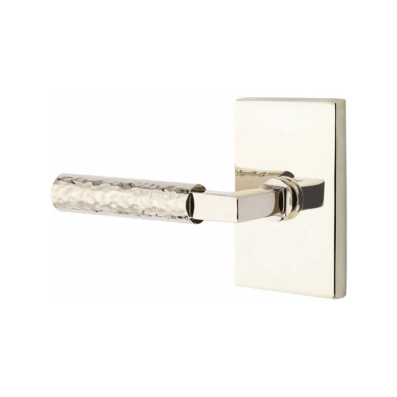 Emtek Select L-Square Hammered Lever with Modern Rectangular Rosette in Lifetime Polished Nickel finish