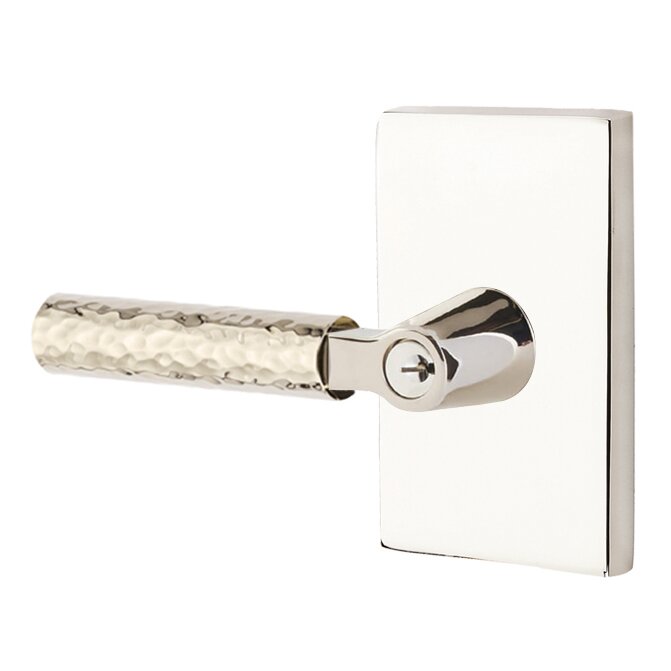 Emtek Select L-Square Hammered Lever with Modern Rectangular Rosette in Lifetime Polished Nickel finish