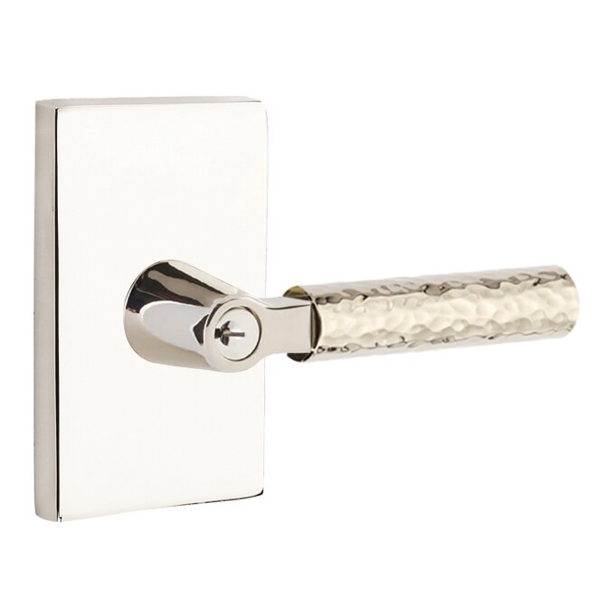 Emtek Select L-Square Hammered Lever with Modern Rectangular Rosette in Lifetime Polished Nickel finish