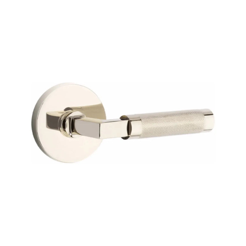 Emtek Select L-Square Knurled Lever with Disk Rosette in Lifetime Polished Nickel finish