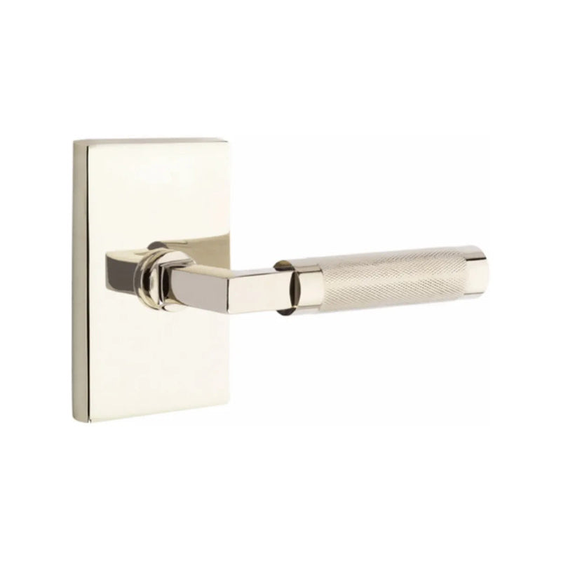 Emtek Select L-Square Knurled Lever with Modern Rectangular Rosette in Lifetime Polished Nickel finish