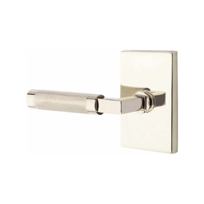 Emtek Select L-Square Knurled Lever with Modern Rectangular Rosette in Lifetime Polished Nickel finish