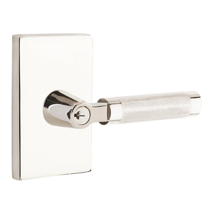 Emtek Select L-Square Knurled Lever with Modern Rectangular Rosette in Lifetime Polished Nickel finish