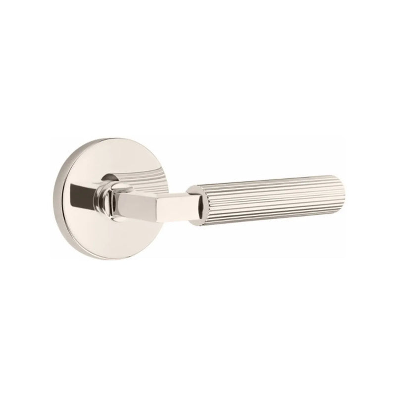 Emtek Select L-Square Straight Knurled Lever with Disk Rosette in Lifetime Polished Nickel finish