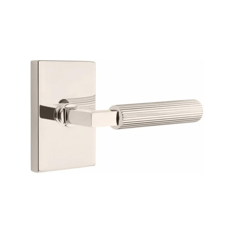 Emtek Select L-Square Straight Knurled Lever with Modern Rectangular Rosette in Lifetime Polished Nickel finish