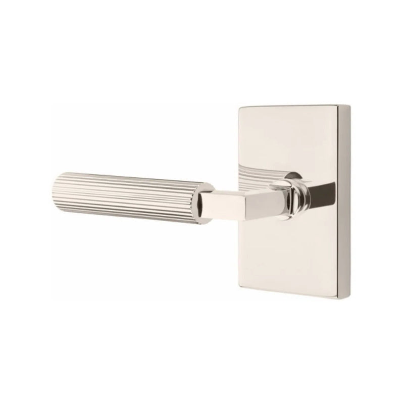 Emtek Select L-Square Straight Knurled Lever with Modern Rectangular Rosette in Lifetime Polished Nickel finish