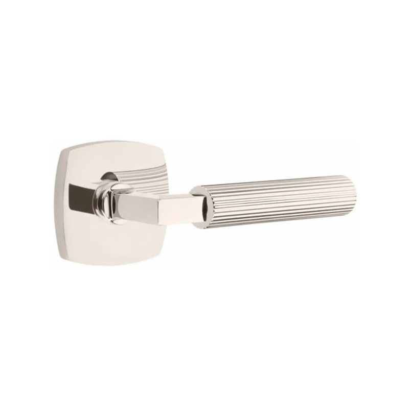 Emtek Select L-Square Straight Knurled Lever with Urban Modern Rosette in Lifetime Polished Nickel finish