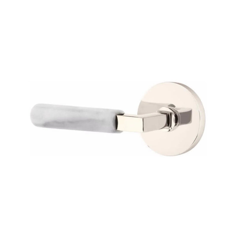 Emtek Select L-Square White Marble Lever with Disk Rosette in Lifetime Polished Nickel finish