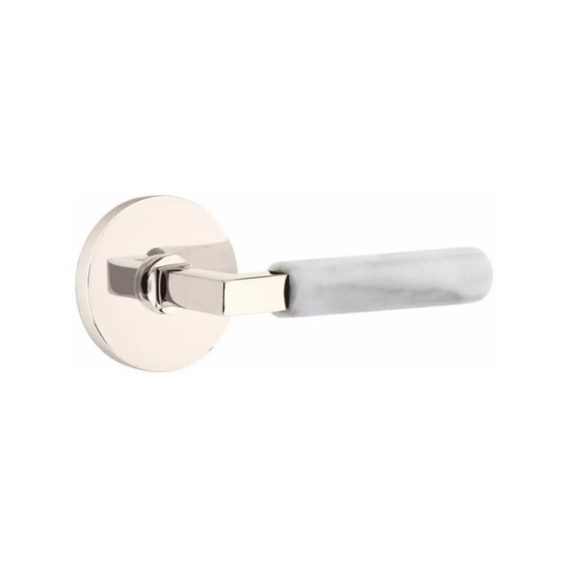 Emtek Select L-Square White Marble Lever with Disk Rosette in Lifetime Polished Nickel finish