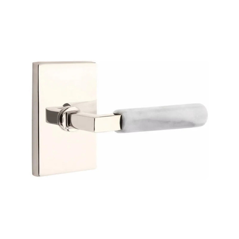 Emtek Select L-Square White Marble Lever with Modern Rectangular Rosette in Lifetime Polished Nickel finish