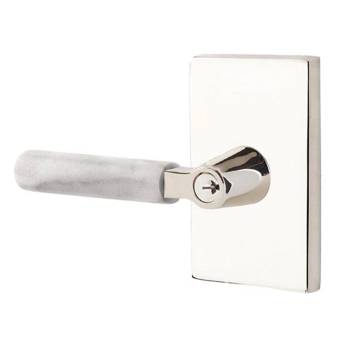 Emtek Select L-Square White Marble Lever with Modern Rectangular Rosette in Lifetime Polished Nickel finish