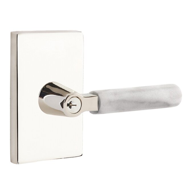 Emtek Select L-Square White Marble Lever with Modern Rectangular Rosette in Lifetime Polished Nickel finish