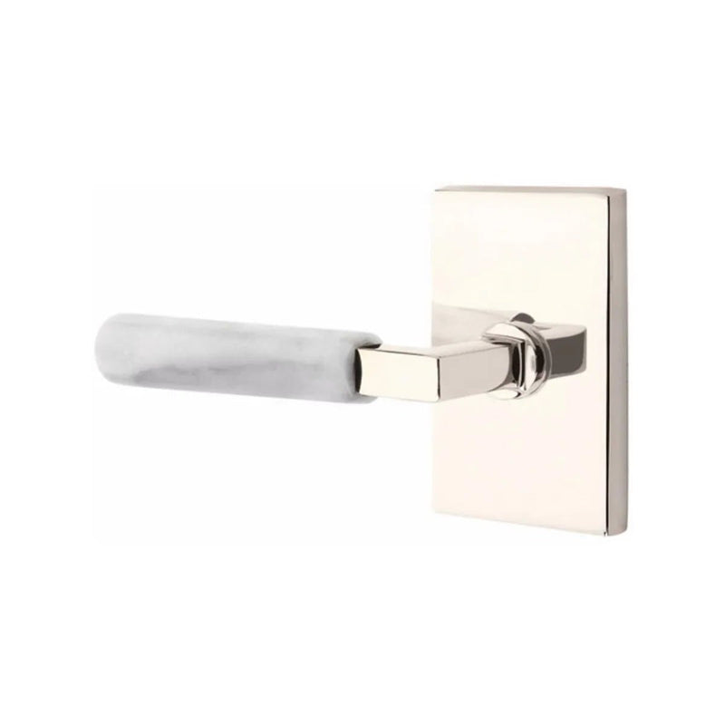 Emtek Select L-Square White Marble Lever with Modern Rectangular Rosette in Lifetime Polished Nickel finish