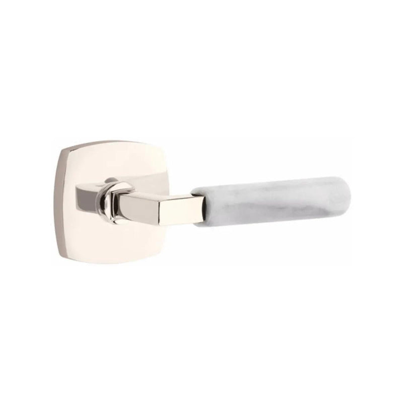 Emtek Select L-Square White Marble Lever with Urban Modern Rosette in Lifetime Polished Nickel finish