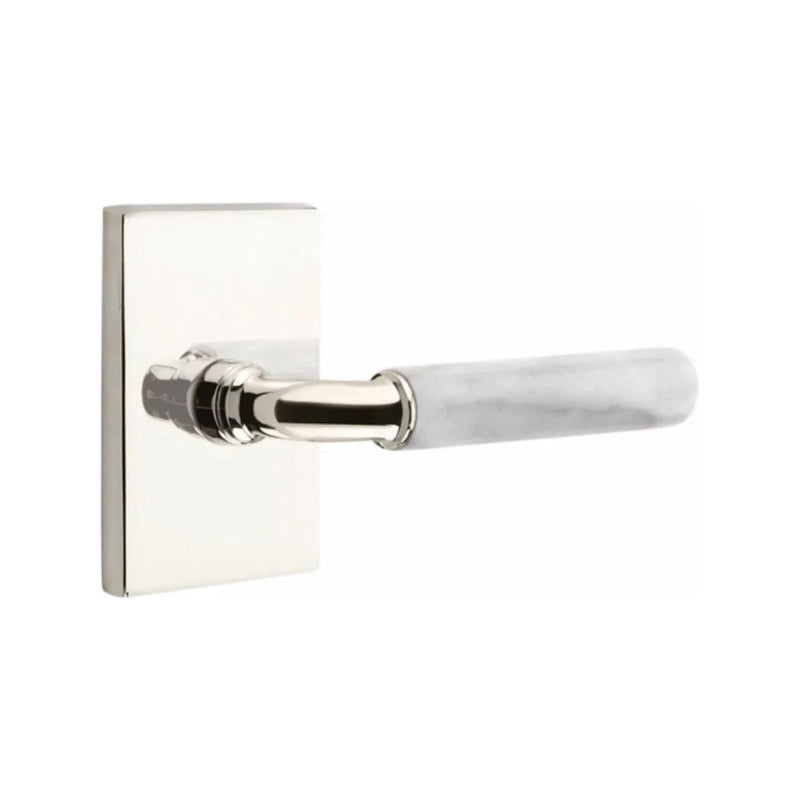 Emtek Select R-Bar White Marble Lever with Modern Rectangular Rosette in Lifetime Polished Nickel finish