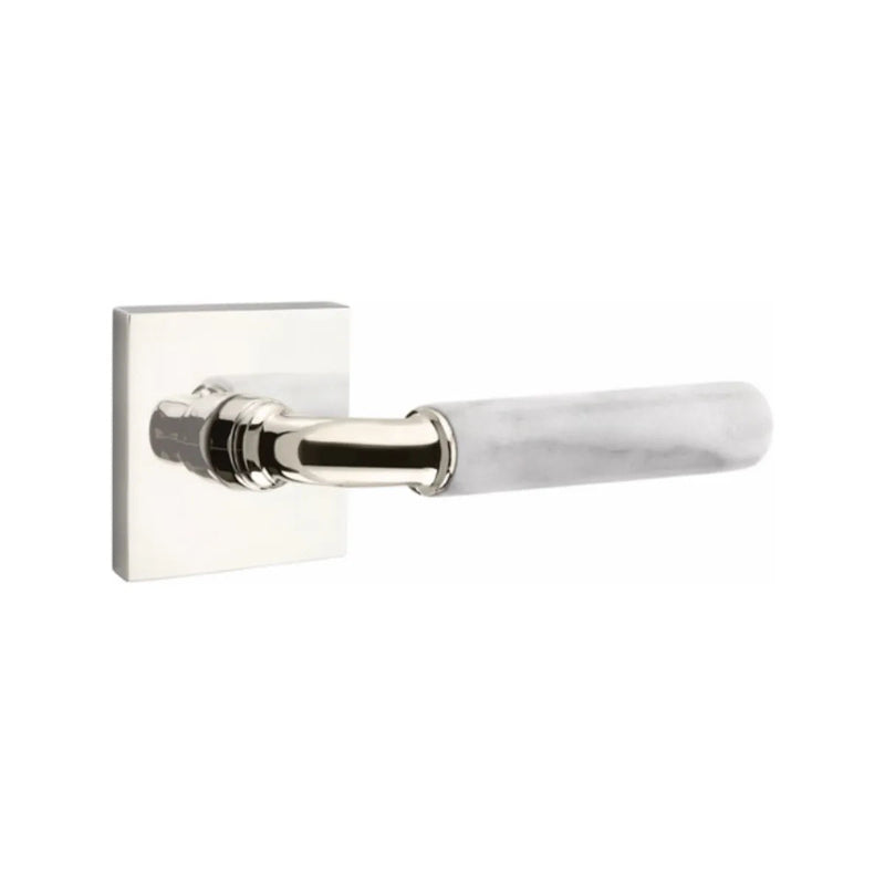 Emtek Select R-Bar White Marble Lever with Square Rosette in Lifetime Polished Nickel finish