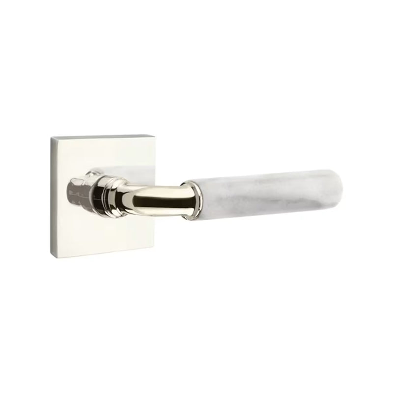 The Emtek Select R-Bar White Marble Lever with Square Rosette in Lifetime Polished Nickel finish.