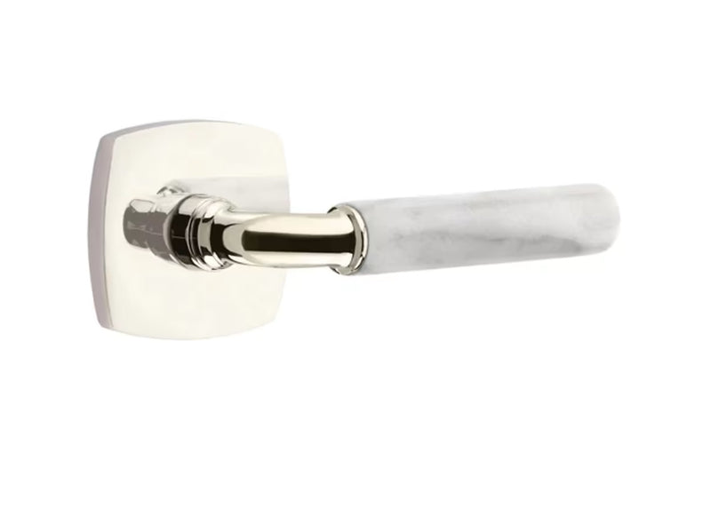 The Emtek Select R-Bar White Marble Lever with Urban Modern Rosette in Lifetime Polished Nickel finish.