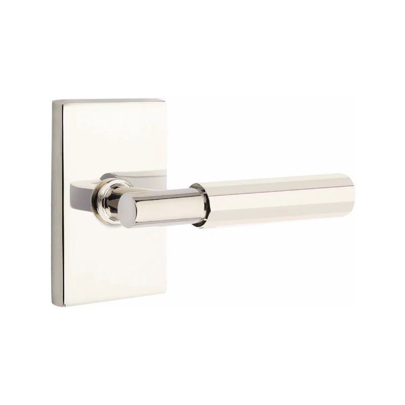 Emtek Select T-Bar Faceted Lever with Modern Rectangular Rosette in Lifetime Polished Nickel finish